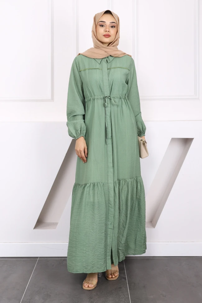 Çağla Bel Bağlamalı Dantelli Elbise