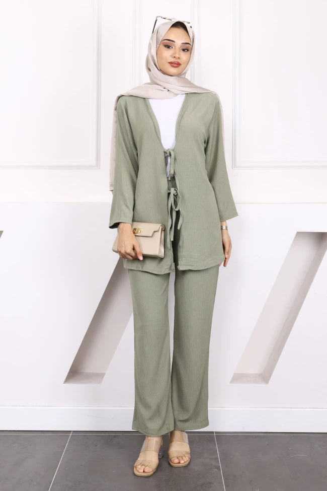 Çağla Ön Bağlamalı Bürümcük Kimono Pantolonlu Takım