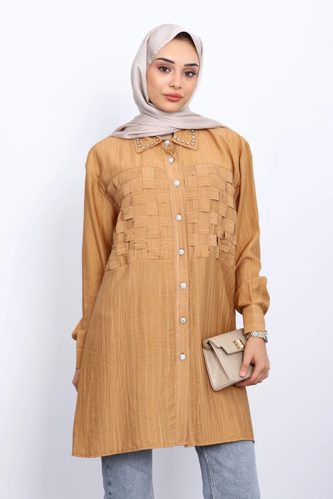 Camel Yaka Taşlı Ön Örgülü Tunik