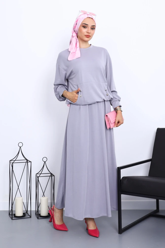 Gri Cepli Bluz Etekli Takım