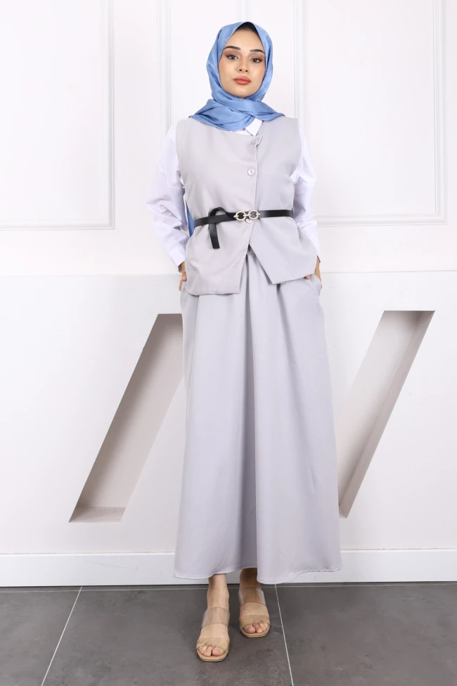 Gri Kemerli Krep Yelek Etekli Takım