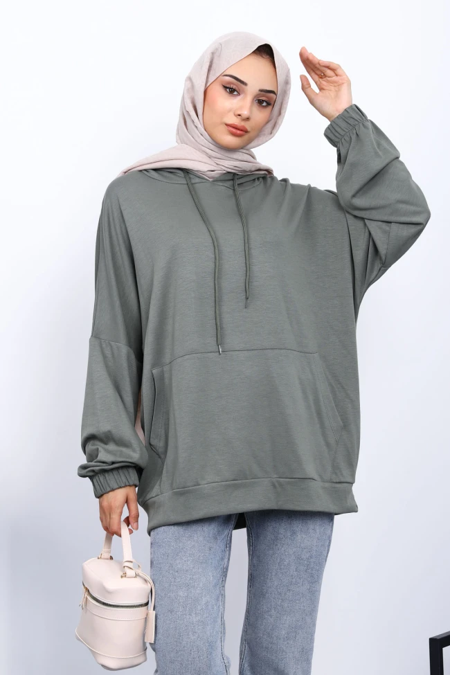 Haki Kanguru Cepli Modal Sweatshirt