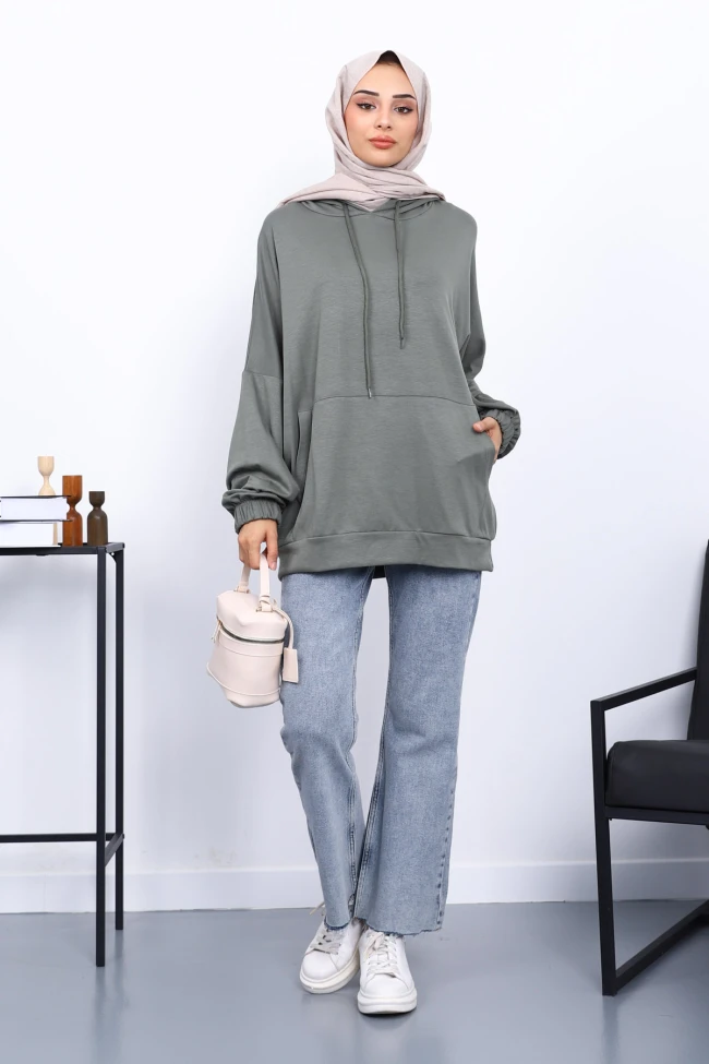 Haki Kanguru Cepli Modal Sweatshirt