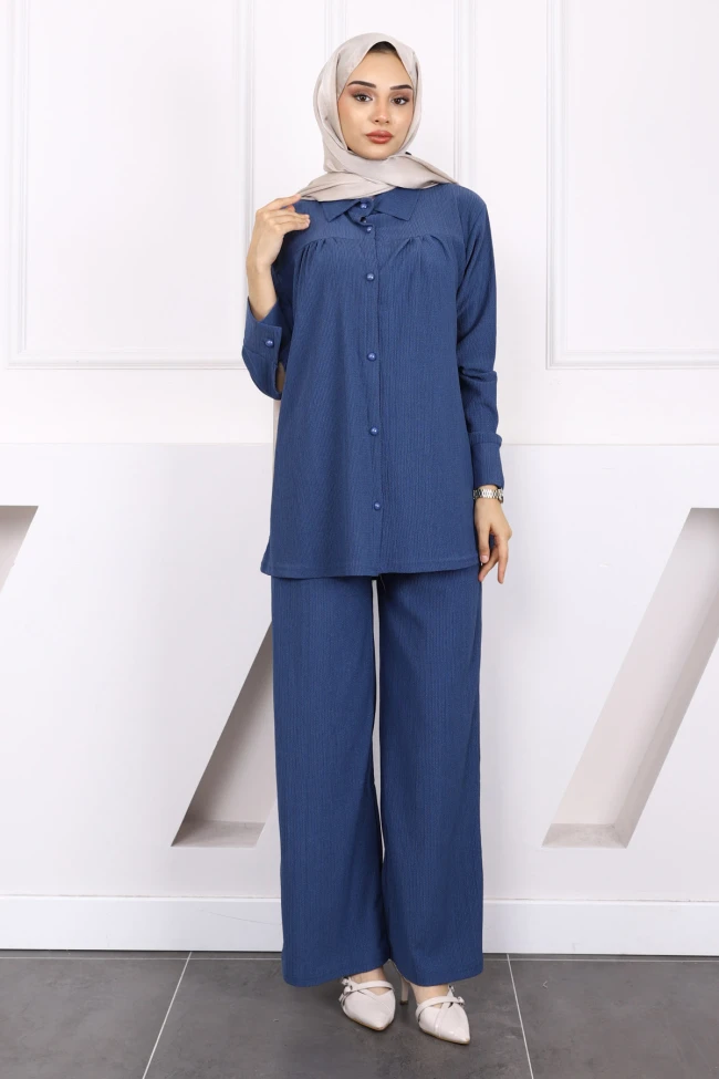 İndigo Bürümcük Gömlek Pantolonlu Takım