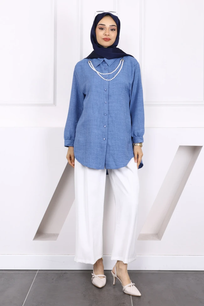 İndigo İnci Kolyeli Keten Gömlek