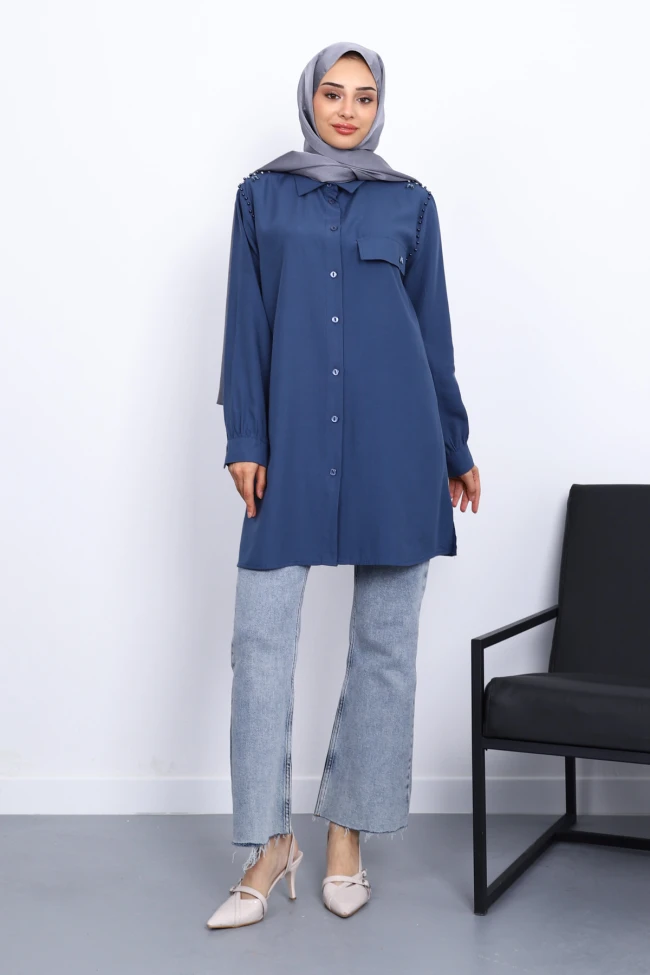 İndigo Omuzları İncili Tunik