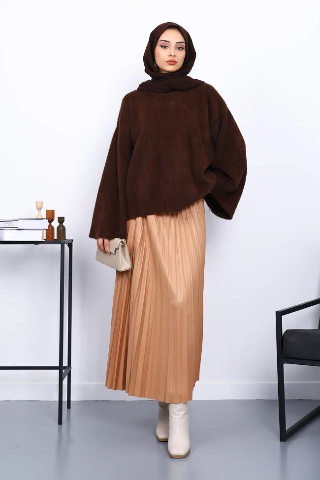 Kahverengi Bisiklet Yaka Oversize Sakal Triko Kazak