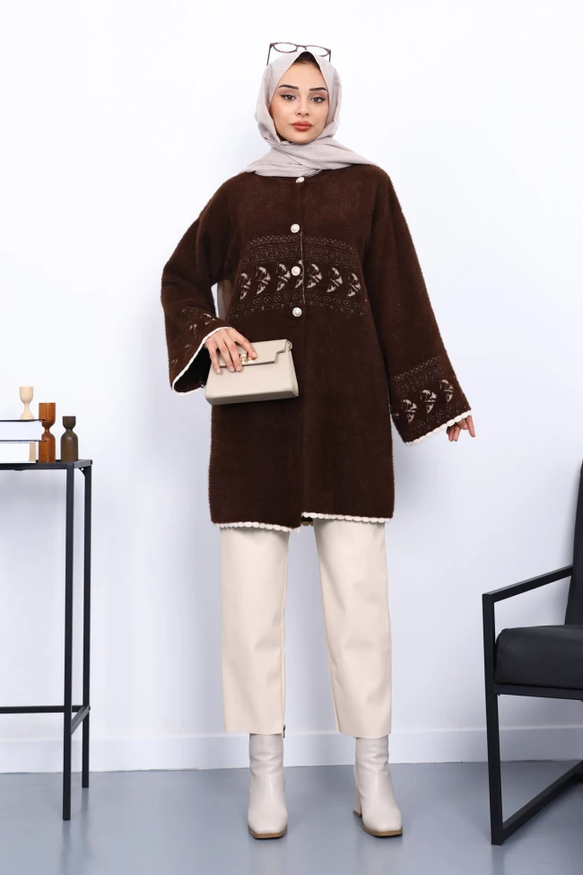 Kahverengi Desenli Sakal Triko Hırka