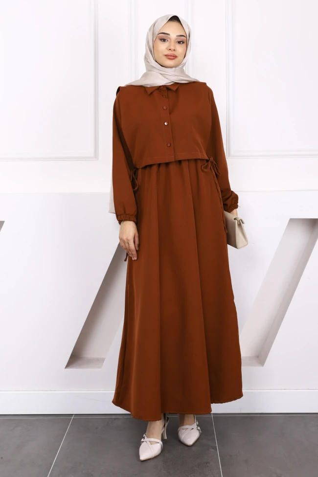 Kahverengi Gömlek Süveterli Elbise Kombin Takım