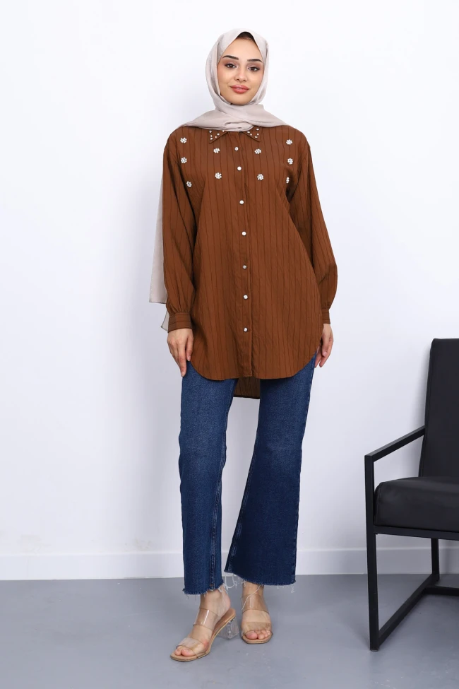 Kahverengi Taş Detaylı Tunik