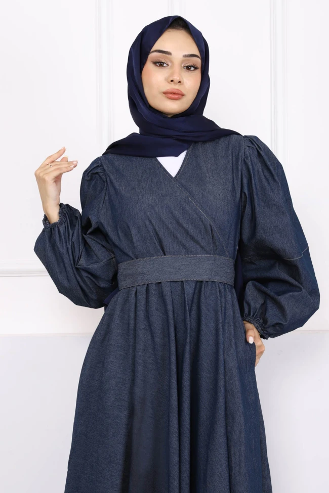 Koyu Mavi Kruvaze Yaka Bel Kuşaklı Kot Elbise