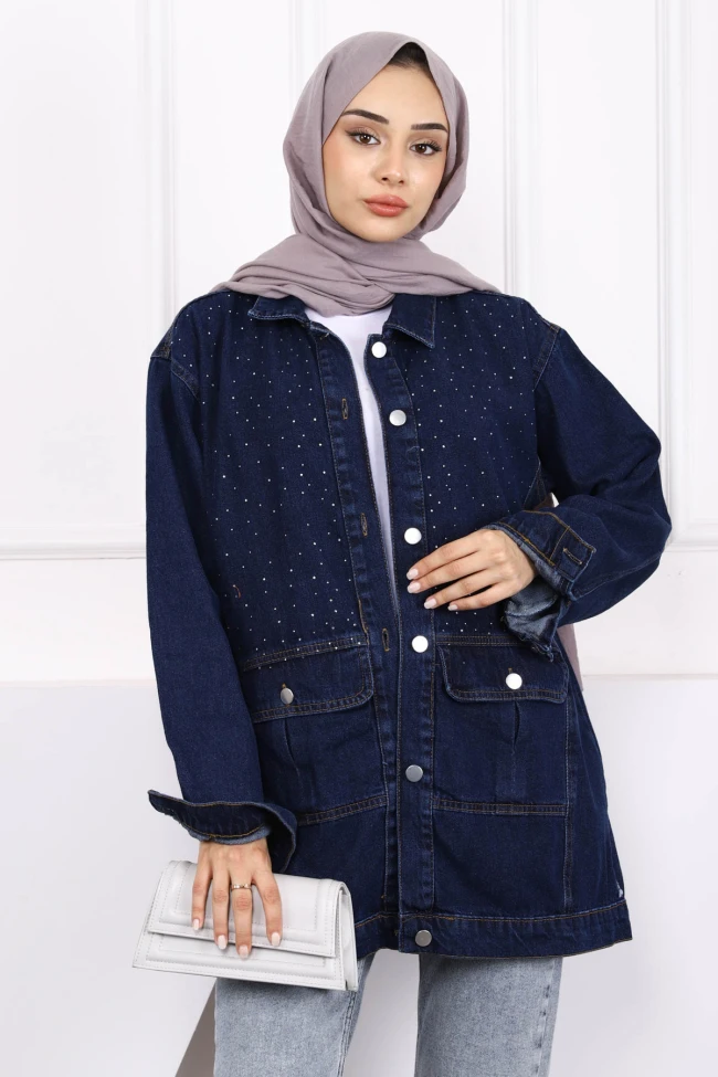 Koyu Mavi Taş İşlemeli Kot Ceket