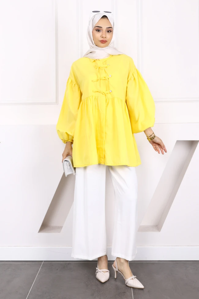 Koyu Sarı Kol Lastikli Ön Düğmeli Tunik