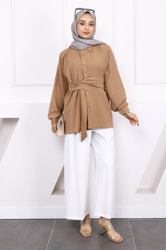 Koyuv Vizon Kuşak Detaylı Bürümcük Gömlek