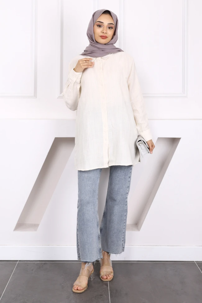 Krem Sim Çizgili Keten Tunik