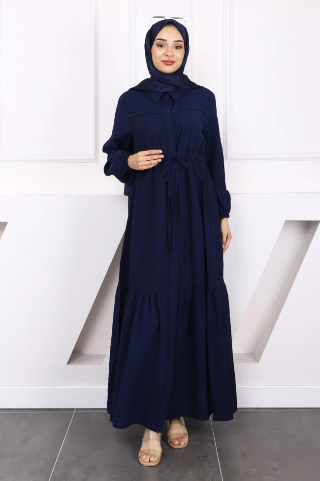Lacivert Bel Bağlamalı Dantelli Elbise