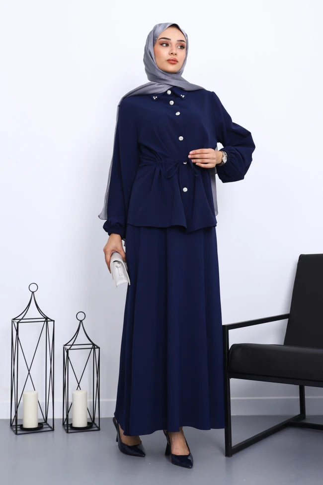 Lacivert Bel Bağlamalı Gömlek Etekli Takım