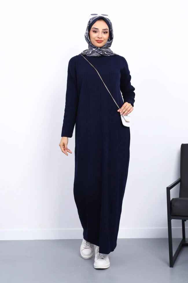 Lacivert Dik Yaka Fitilli Merserize Triko Elbise