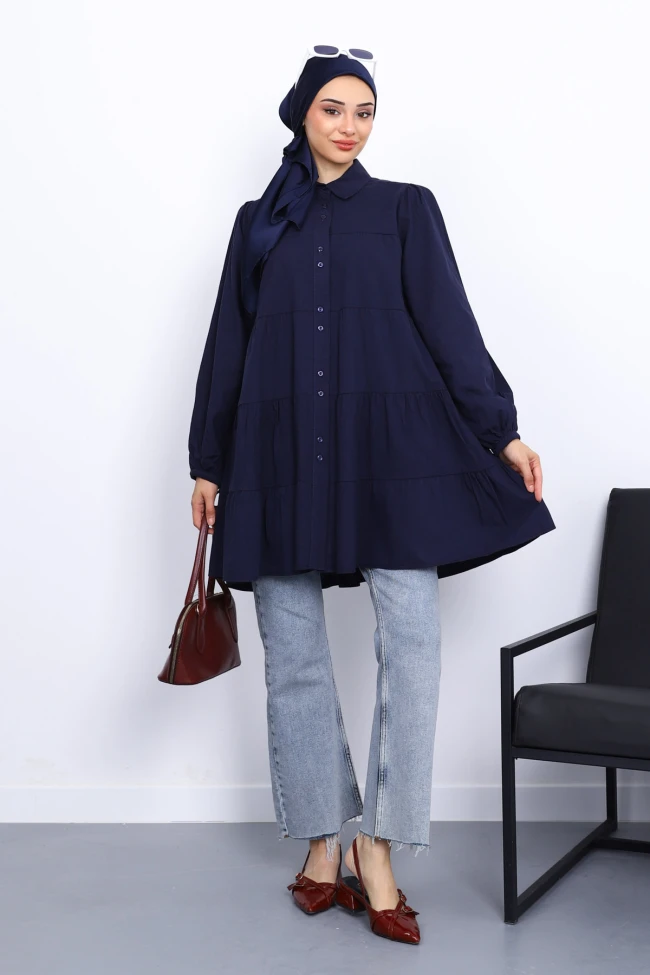Lacivert Kol Bağcıklı Tunik