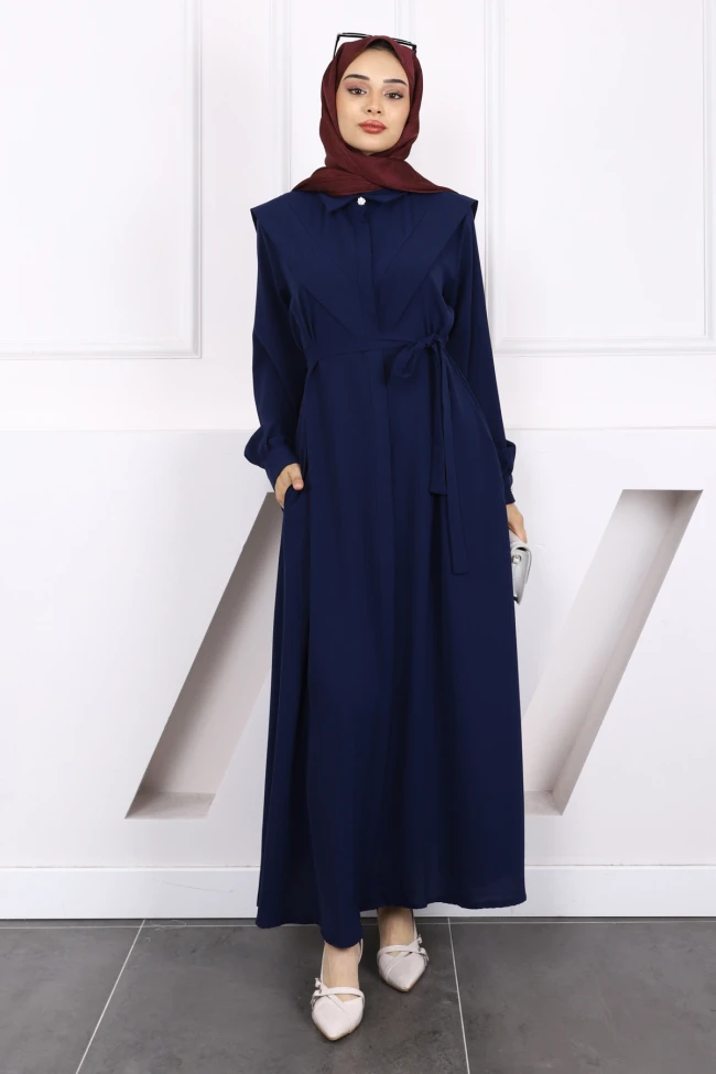 Lacivert Önü Düğmeli Cepli Elbise