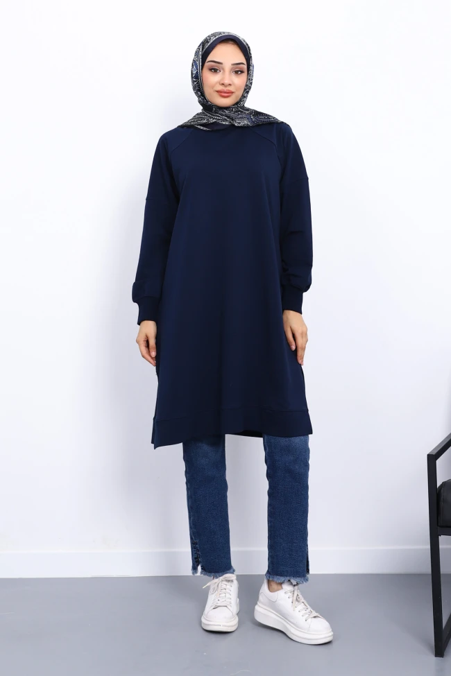 Lacivert Yanları Yırtmaçlı Modal Tunik