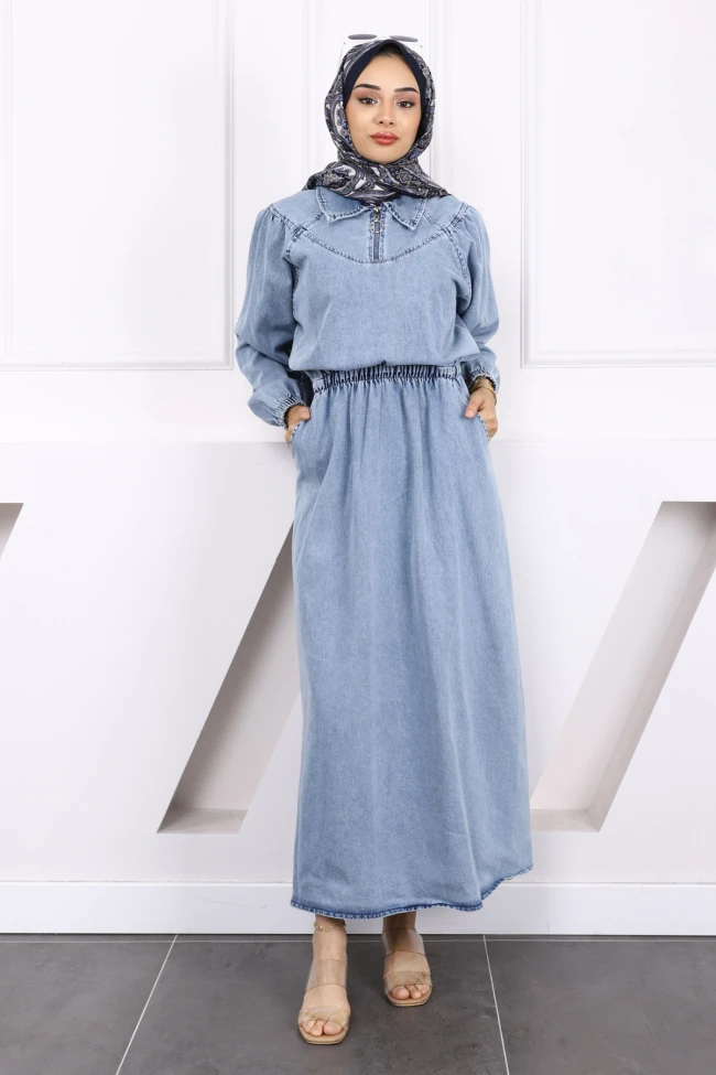 Mavi Bel Lastikli Cepli Kot Elbise