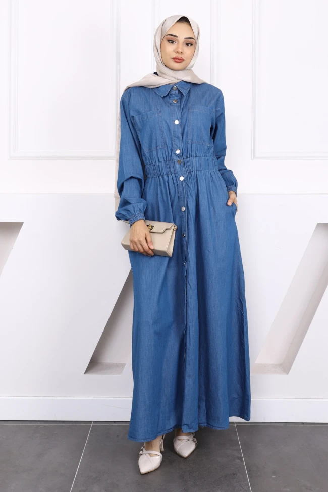 Mavi Bel Lastikli Dügmeli Kot Elbise