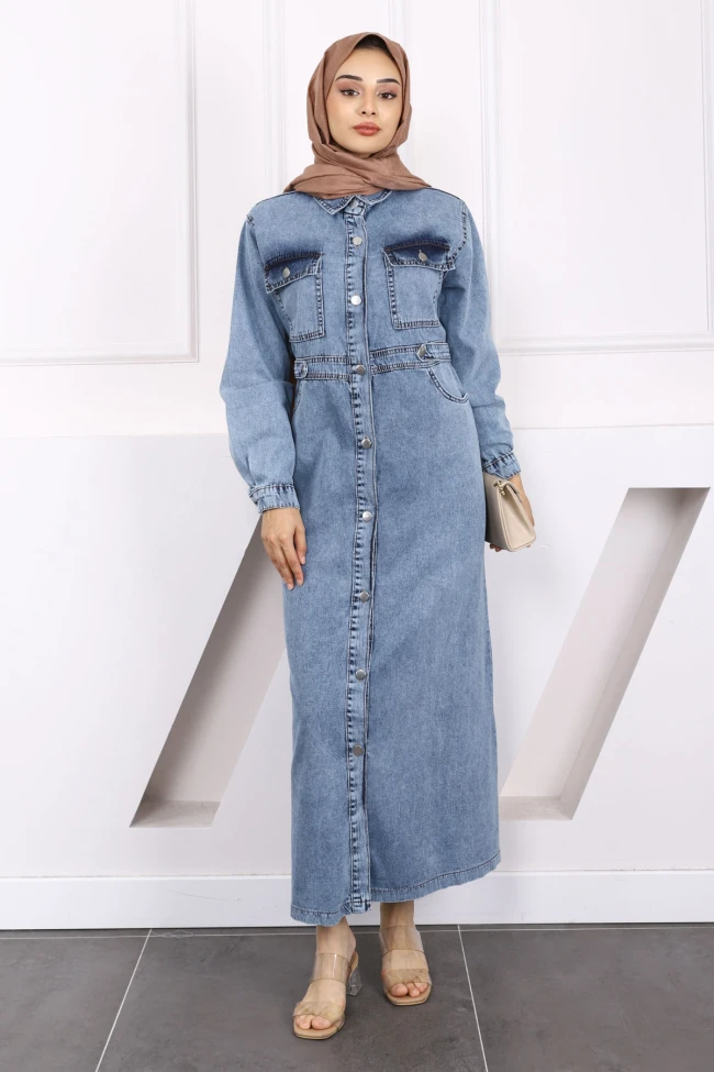 Mavi Cepli Kot Elbise