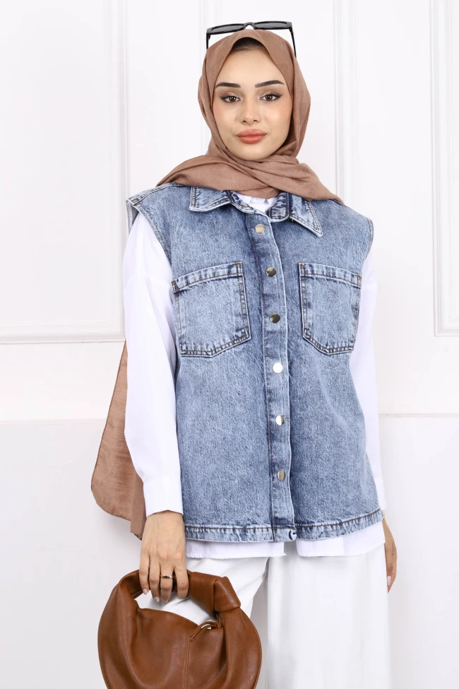 Mavi Cepli Önü Çıtlı Kot Yelek