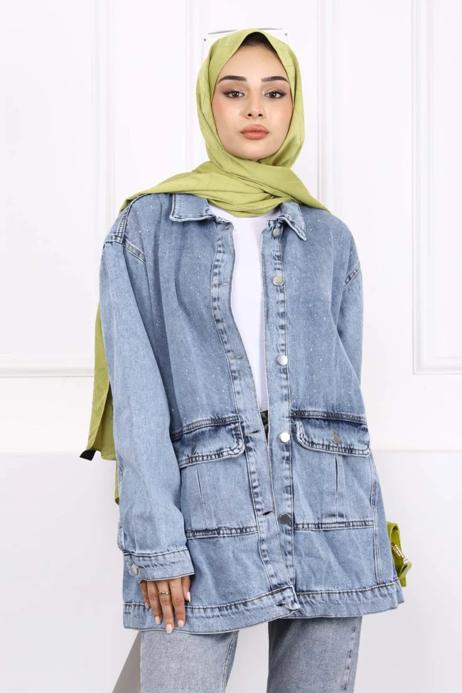 Mavi Taş İşlemeli Kot Ceket