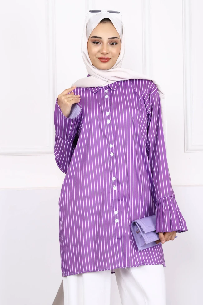 Mor Düğmeli Çizgili Kol Piliseli Tunik