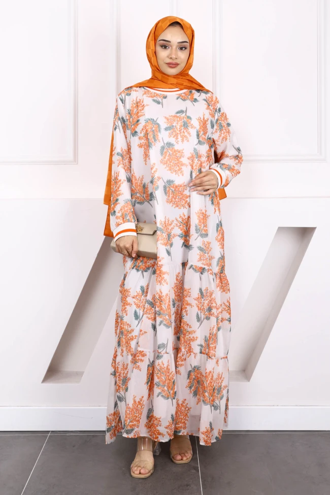 Oranj Desenli Şifon Elbise