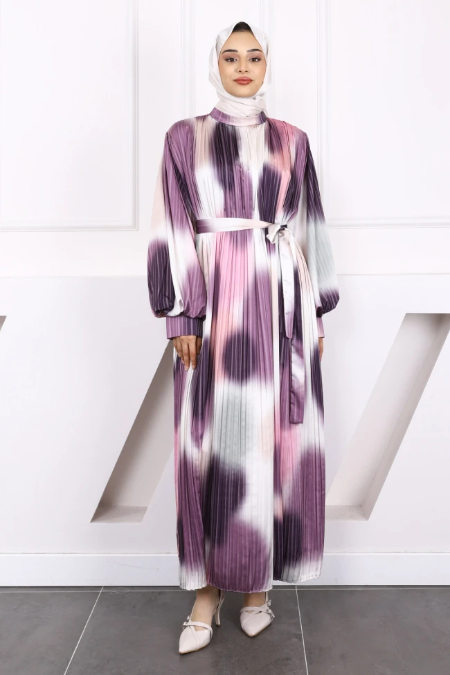 Pembe Bel Kuşaklı Pileli Elbise