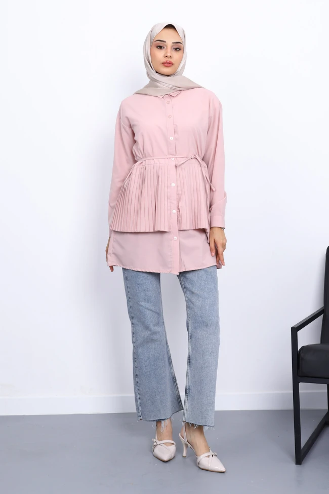 Pembe Yan Bağlamalı Poplin Tunik
