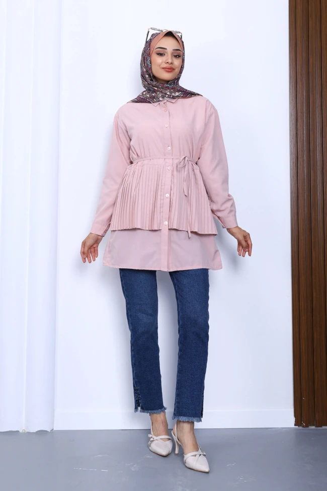 Pudra Yan Bağlamalı Poplin Tunik