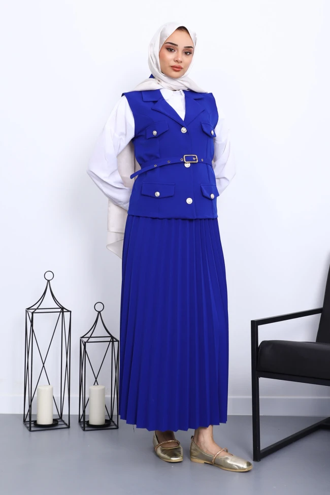 Saks Mavi Kemerli Yelek Etekli Krep Takım