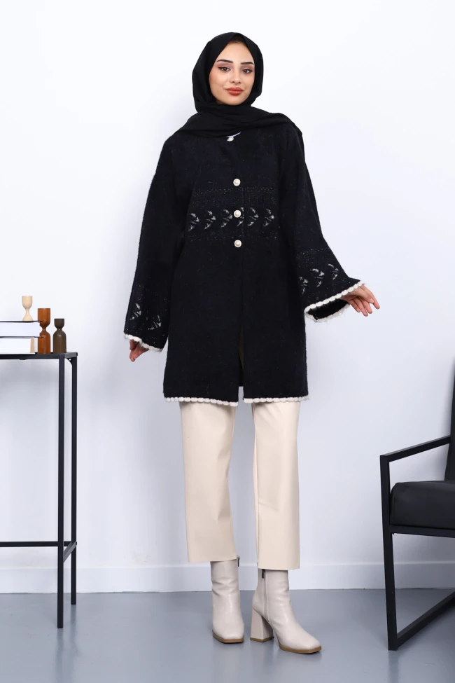 Siyah Desenli Sakal Triko Hırka