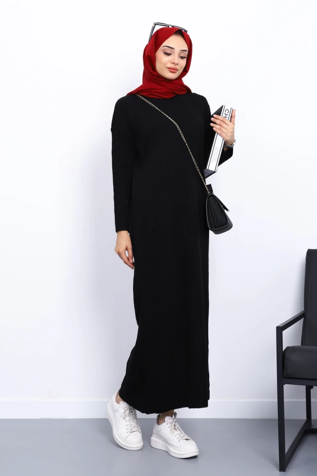 Siyah Dik Yaka Fitilli Merserize Triko Elbise