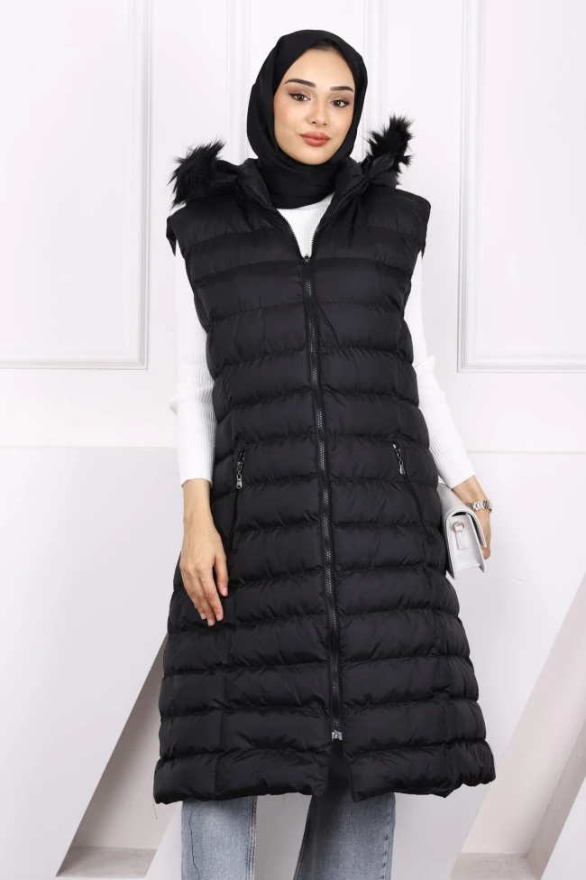 Siyah Kadın Modest Kapüşonlu Ön Fermuarlı Büyük Beden Tesettür Şişme Yelek