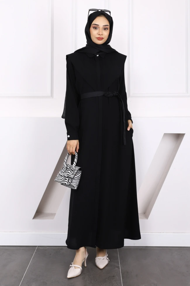 Siyah Önü Düğmeli Cepli Elbise