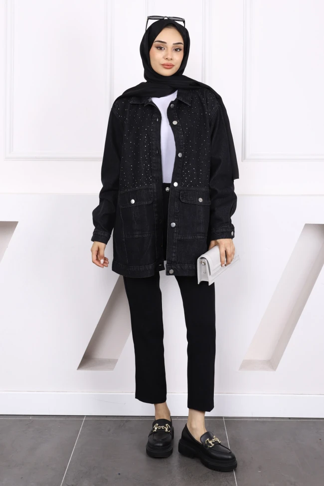 Siyah Taş İşlemeli Kot Ceket
