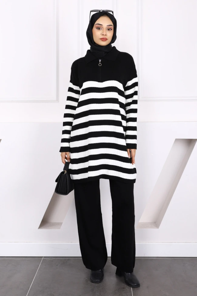 Siyah Yaka Fermuarlı Tunik Pantolonlu Triko Takım