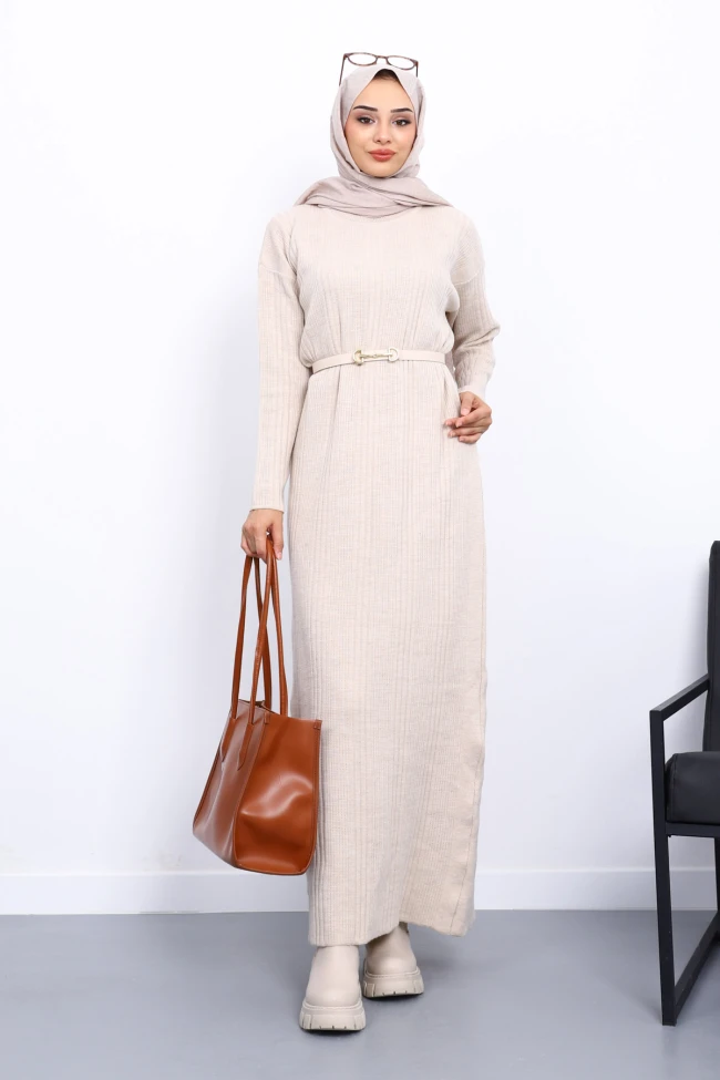 Taş Dik Yaka Fitilli Merserize Triko Elbise