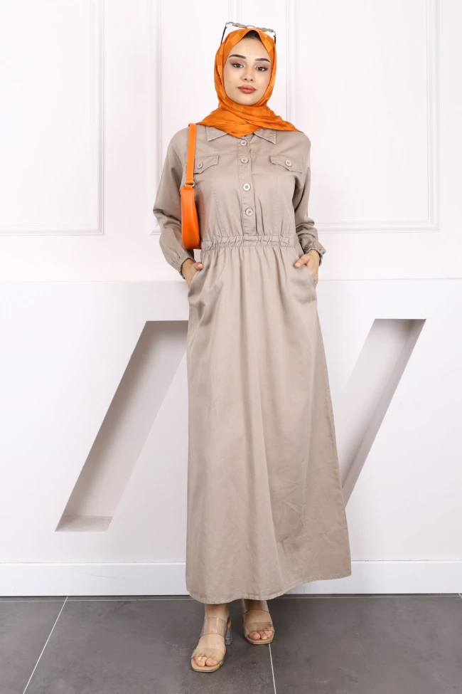 Vizon Bel Lastikli Cepli Gabardin Elbise
