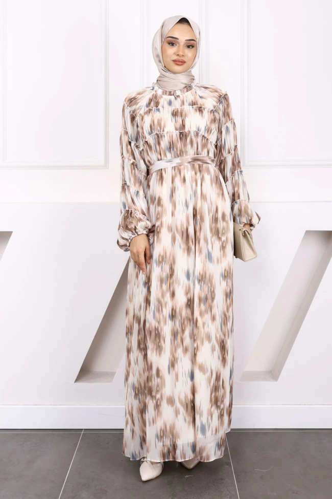 Vizon Kuşaklı Desenli Büzgülü Şifon Elbise