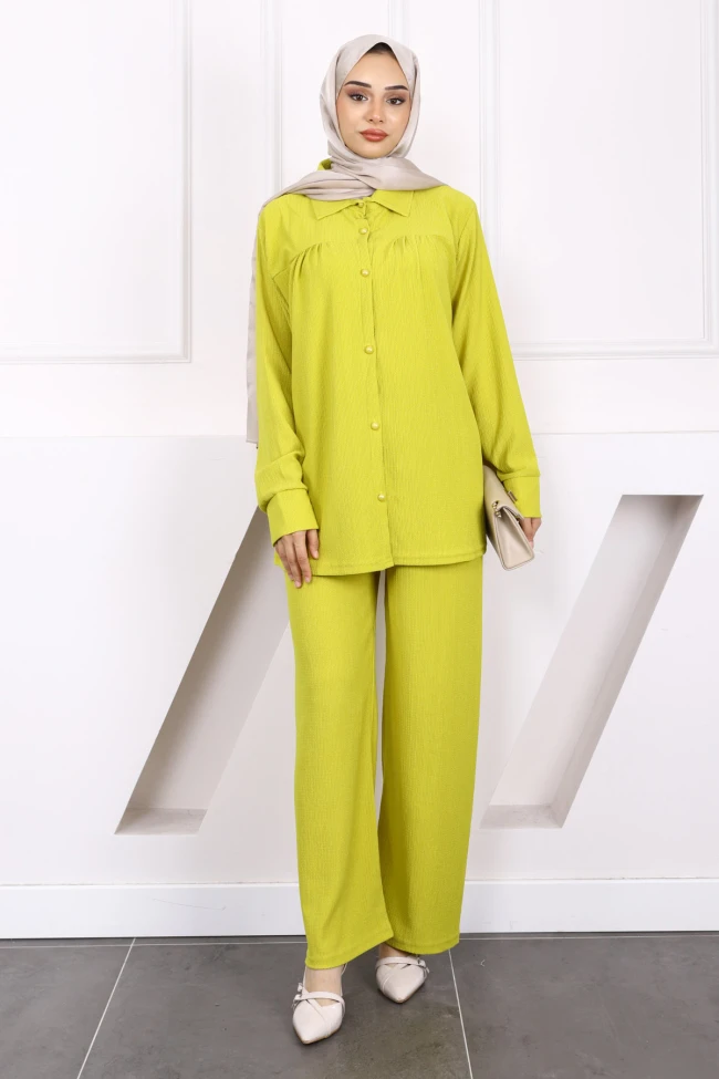 Yağ Yeşili Bürümcük Gömlek Pantolonlu Takım