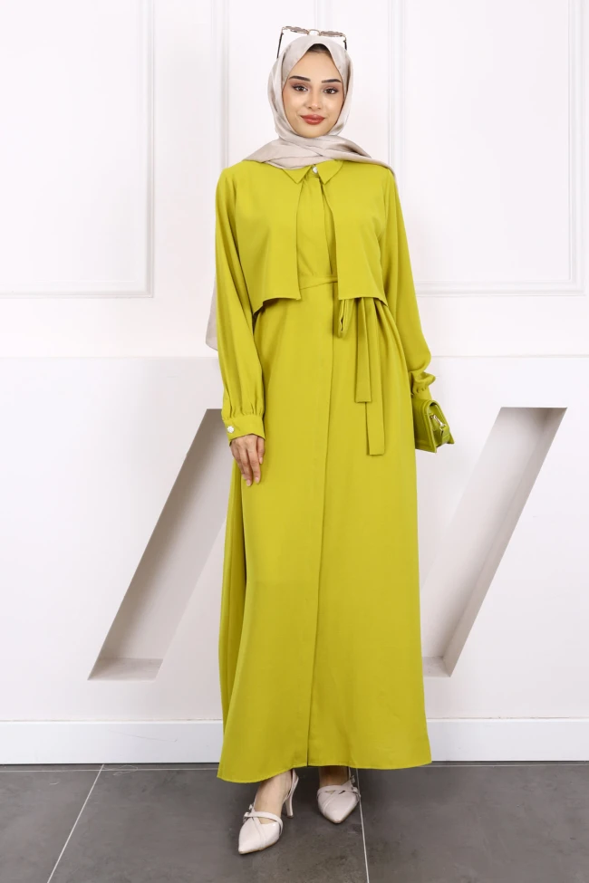 Yağ Yeşili Cepli Bel Kuşaklı Elbise