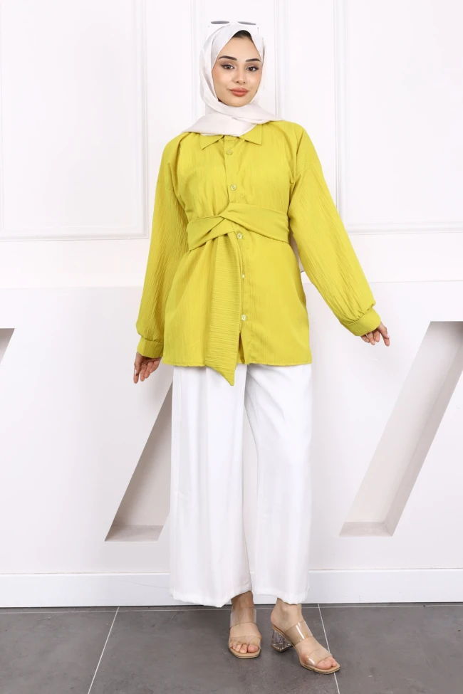 Yağ Yeşili Kuşak Detaylı Bürümcük Gömlek