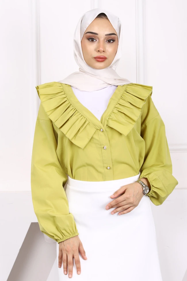 Yağ Yeşili Yaka Fırfırlı Düğmeli Gömlek