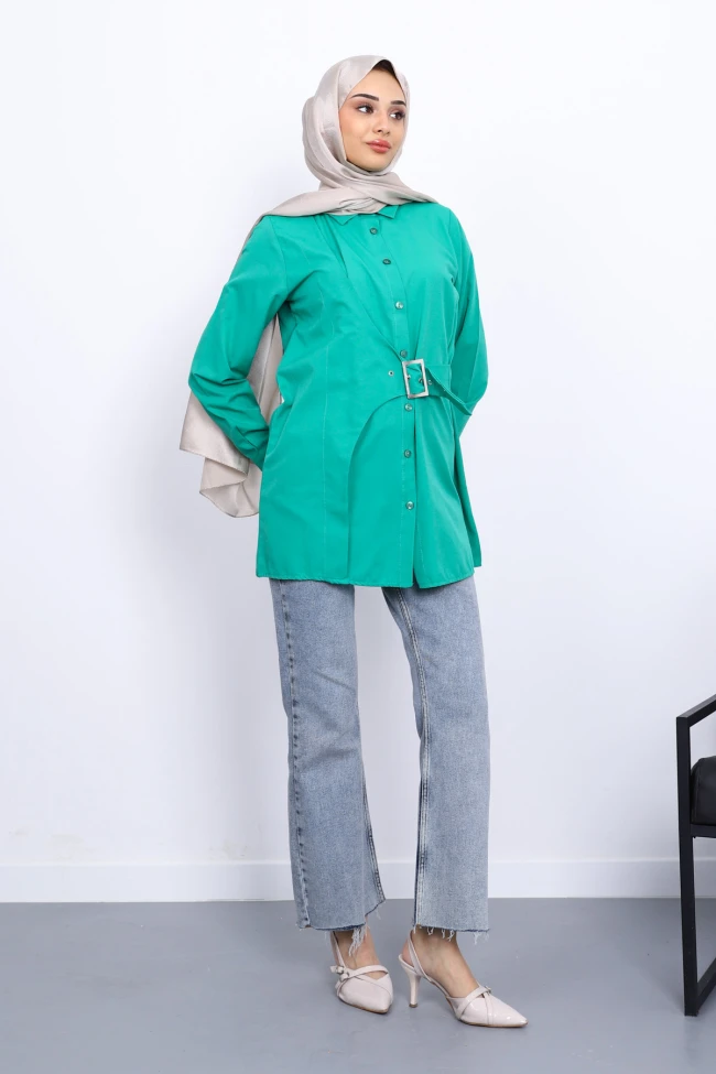 Yeşil Yanı Tokalı Poplin Tunik